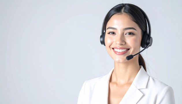 Smiling professional female customer service agent wearing a headset, ready to assist clients with excellent support in a clean, minimalist setting - Powered by Adobe