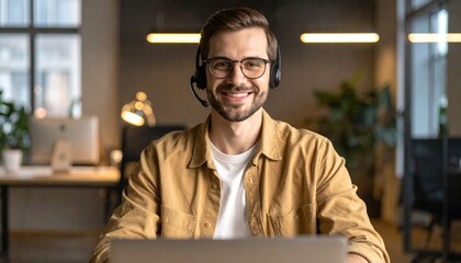 Smiling male customer service representative with a headset in a modern office, providing cheerful online technical support and professional assistance to clients