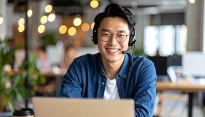 Portrait of a friendly and smiling young Asian man in a headset, enthusiastically providing excellent customer support from a modern corporate office environment