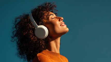 Fototapeta premium Portrait of a cheerful curly-haired woman listening to music on wireless headphones with a blue background.