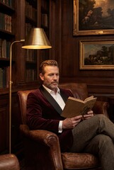 Mature man in velvet smoking jacket reading a book in a luxurious, dimly lit library with leather armchair and brass lamp