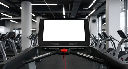 Fototapeta premium Empty treadmill screen in a modern gym with various cardio equipment. A blank screen display on a black treadmill with silver accents.