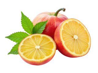 A close-up of a halved apple and orange on a white background