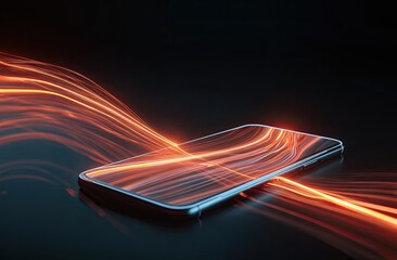 A smartphone laid flat with streams of fiery light, illuminating and emanating energy