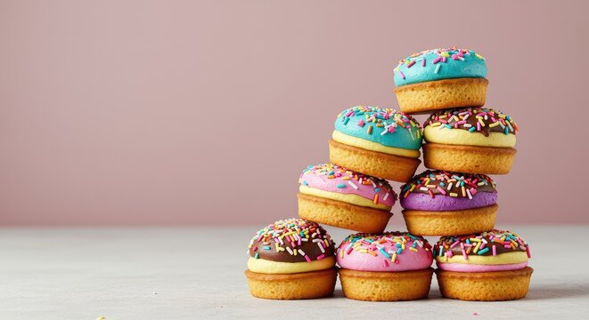 Delicious tower of sweet baked goods, featuring colorful frosting and sprinkles, piled high on a light surface ,snack ,baked goods ,gathering