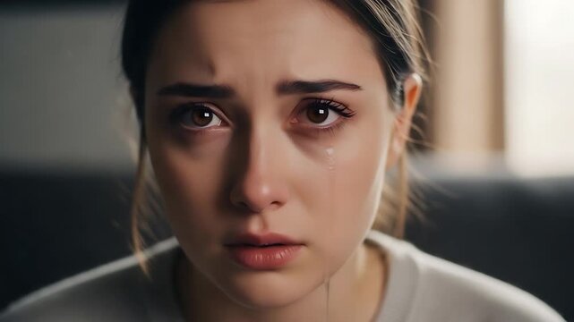 woman crying closeup portrait with tears, emotional sad expression