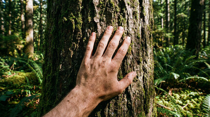 A man stands in a park with his palms open to the rain, a concept of love for nature as his hands and arm reach toward a tree