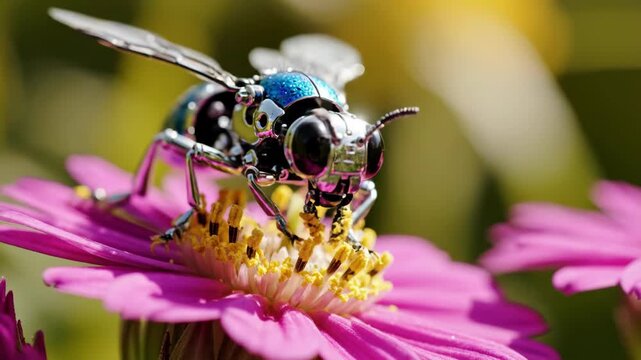 A robotic bee collects pollen from a pink flower in a macro shot. A mechanical insect represents the future of technology and nature. AI, biomimicry, and futuristic pollination concept.