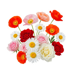 Fototapeta premium Beautiful bouquet of colorful flowers including roses poppies and daisies isolated on transparent background