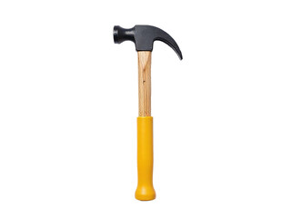 A hammer with a wooden handle against a plain white background, ideal for illustration and graphic design