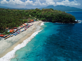 Fototapeta premium Holidays tropical beach in Bali, paradise coastline. Drone view