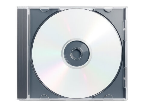 A cd in a transparent plastic case on a white background