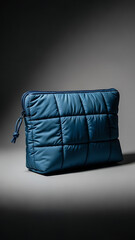 Stylish blue quilted padded clutch bag with a zipper closure and drawstring detail, presented in a studio setting.
