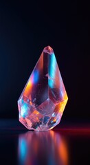Dynamic light diffraction and color spectrum projection from a sharp geometric crystal form creating a vibrant background effect ,sharp ,facet ,dynamic