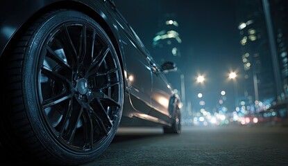 Sleek black car's side, illuminated by streetlights, with blurred city background at night
