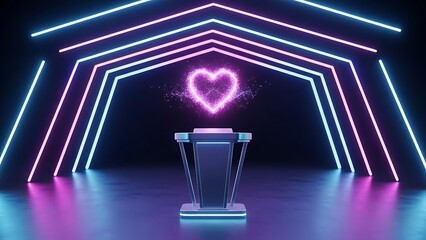 Glowing Purple Particles Heart Over Tech Desk in Hexagonal Neon Portal Environment Valentine
