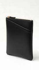 Black leather zippered pouch with a minimalist design and a front slip pocket, standing upright on a white background.