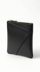 A sleek black leather pouch with a gold zipper and geometric design, perfect for carrying essentials.