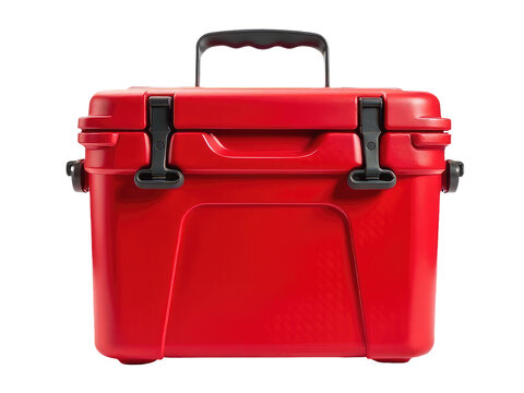 A red cooler with a handle on a white background, great for outdoor events or summer gatherings