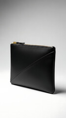 Elegant black leather clutch bag with gold zipper and minimalist diagonal design.