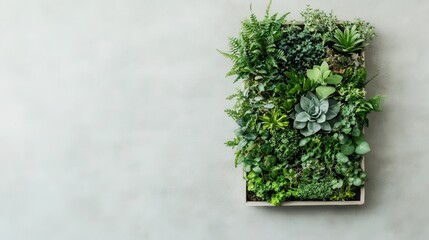 Lush green plants cascade down a wall panel, creating a vibrant vertical garden with diverse foliage and a smooth gray background.