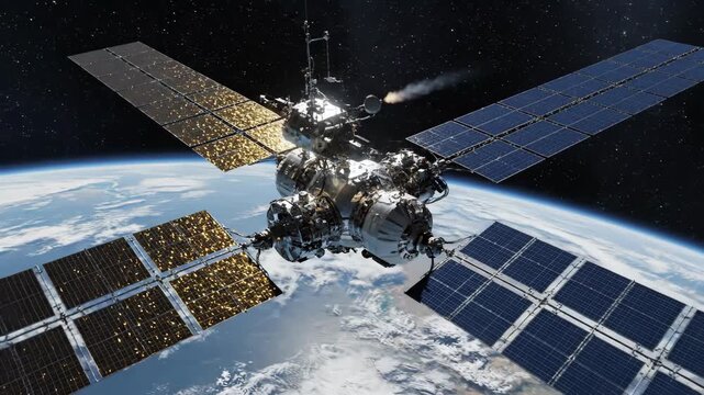 A satellite with solar panels orbits the Earth in space. Realistic 3D animation of a spacecraft maneuvering above the planet. Global communication and technology concept.