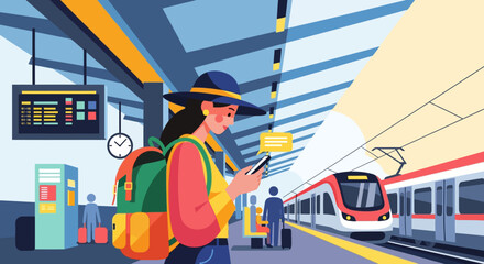 Busy Train Station Traveler with Backpack