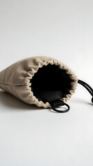 Close-up of a beige drawstring pouch with a black interior and drawstring on a white background.