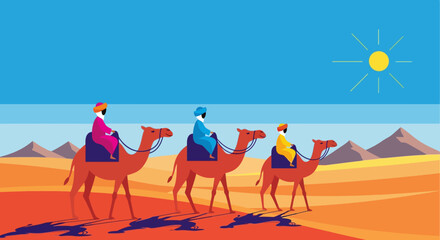 Camel Caravan in Desert Sunset