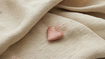 small embroidered heart with thread on crumpled linen fabric, textile art detail