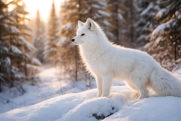 Fototapeta premium White Arctic Fox Standing in Snow Looking Toward Forest