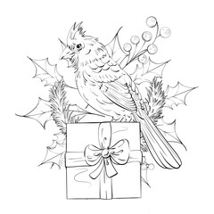 Cardinal Bird on a Gift Box Surrounded by Holly and Berries Festive Intricate and Cheerful Design Perfect for Holiday Celebrations and Coloring Activities