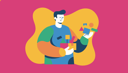 Smiling man building structures with colorful blocks Creative design concept