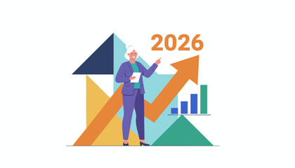 Fototapeta premium Senior professional woman pointing to 2026 financial growth chart Positive business forecast