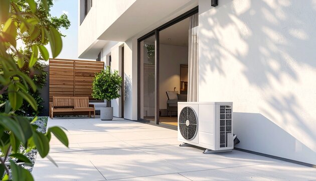Outdoor heat pump unit sits next to modern white house facade on sunny terrace.