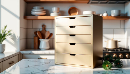 Modern drawer organizer on marble kitchen countertop in daylight  