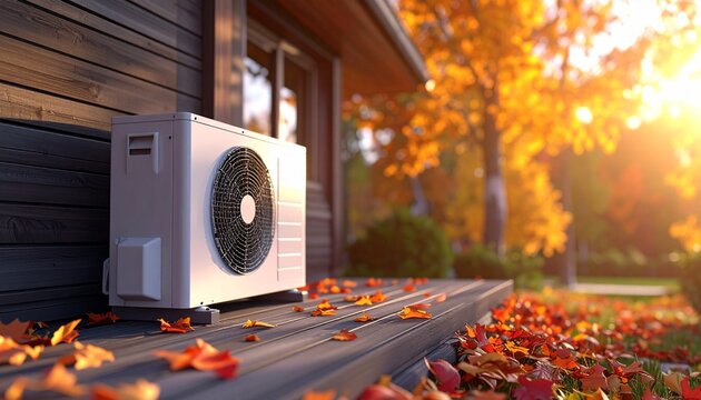 Outdoor heat pump unit installed beside a modern house deck during a beautiful autumn sunset