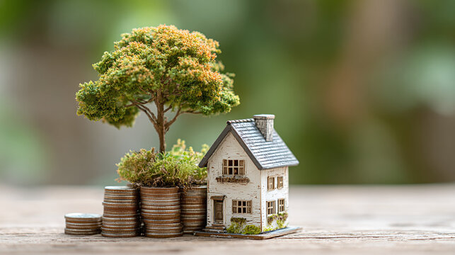 home loan miniature house model and tree with stack coin on desk real estate agent property insurance business finance financial concept investment planning savings money