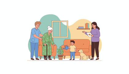 Naklejka premium Caregiver assisting senior woman at home with family and dog support