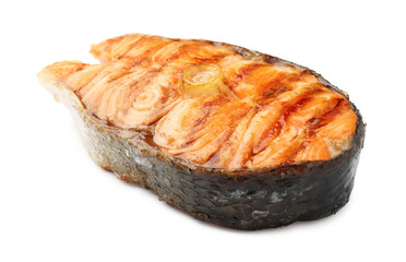 Tasty grilled salmon steak isolated on white