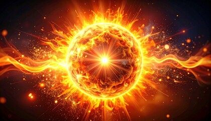 Fototapeta premium Fiery solar body radiates intense light and plasma waves through dark space.
