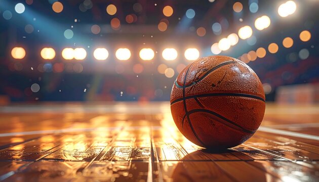 Close up of a sweaty basketball resting alone on a gleaming polished wooden court under arena lights