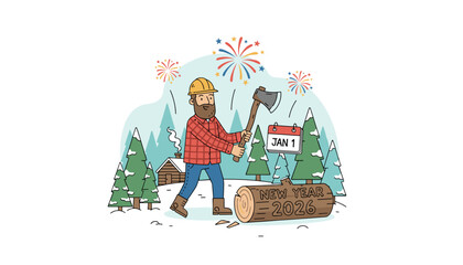 Lumberjack chopping a New Year 2026 log in a snowy forest with Jan 1 calendar and fireworks