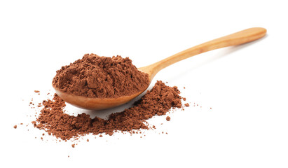 Natural cocoa powder in wooden spoon isolated on white © New Africa