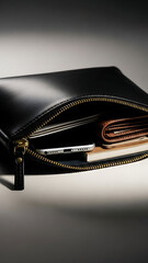 A black leather clutch bag unzipped, revealing a smartphone, wallet, and notebook inside, showcasing personal essentials.