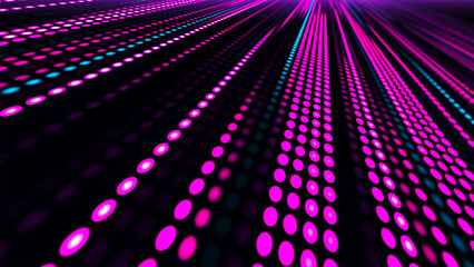Digital flow. Light dynamics and pixel energy. The illustration shows a bright LED panel where bright multi-colored stripes create the effect of movement and energy. Vector illustration.