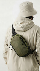 Person wearing a light jacket and a green sling bag across their back, with a bucket hat.