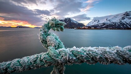 Frosted rope overlooks still water with snowy mountains at the horizon under a sky painted with vibrant sunset colors
