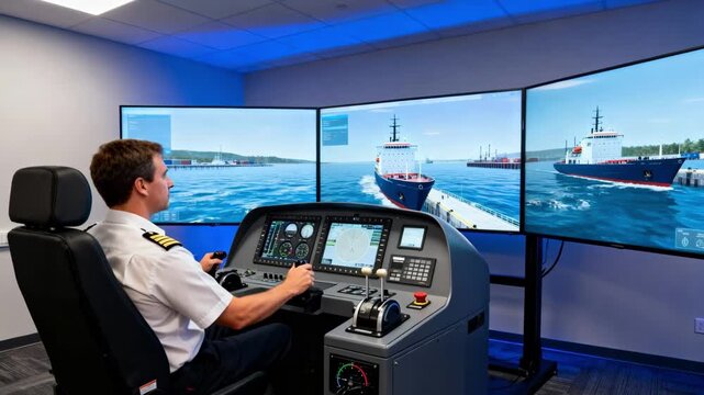 Contemporary training facility showcasing a pilot interacting with virtual ship controls highlighting realistic maritime navigation and docking techniques.