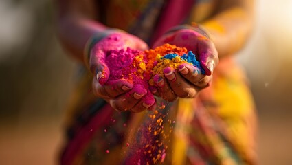 Happy Holi festival background with hands full of colorful powder splash for cinematic celebration poster and banner